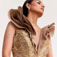 Beige Embroidered Tulle Gown with Ruffle Neckline