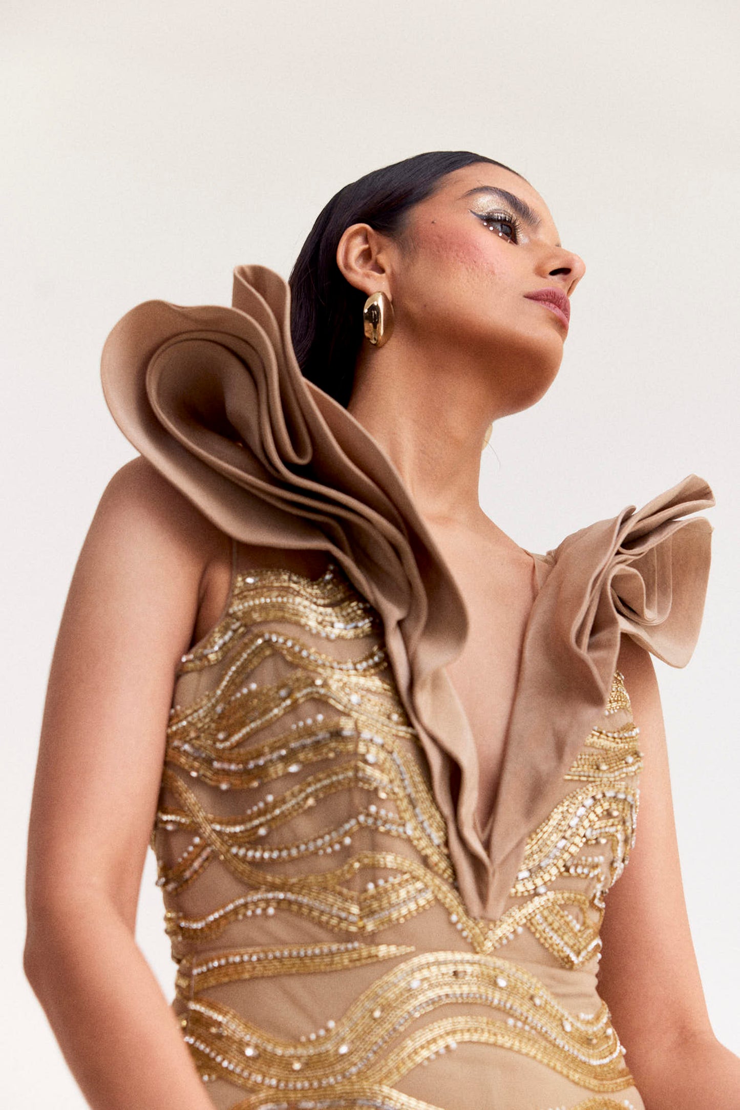 Beige Embroidered Tulle Gown with Ruffle Neckline
