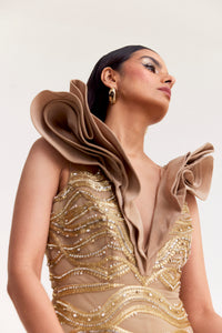 Beige Embroidered Tulle Gown with Ruffle Neckline