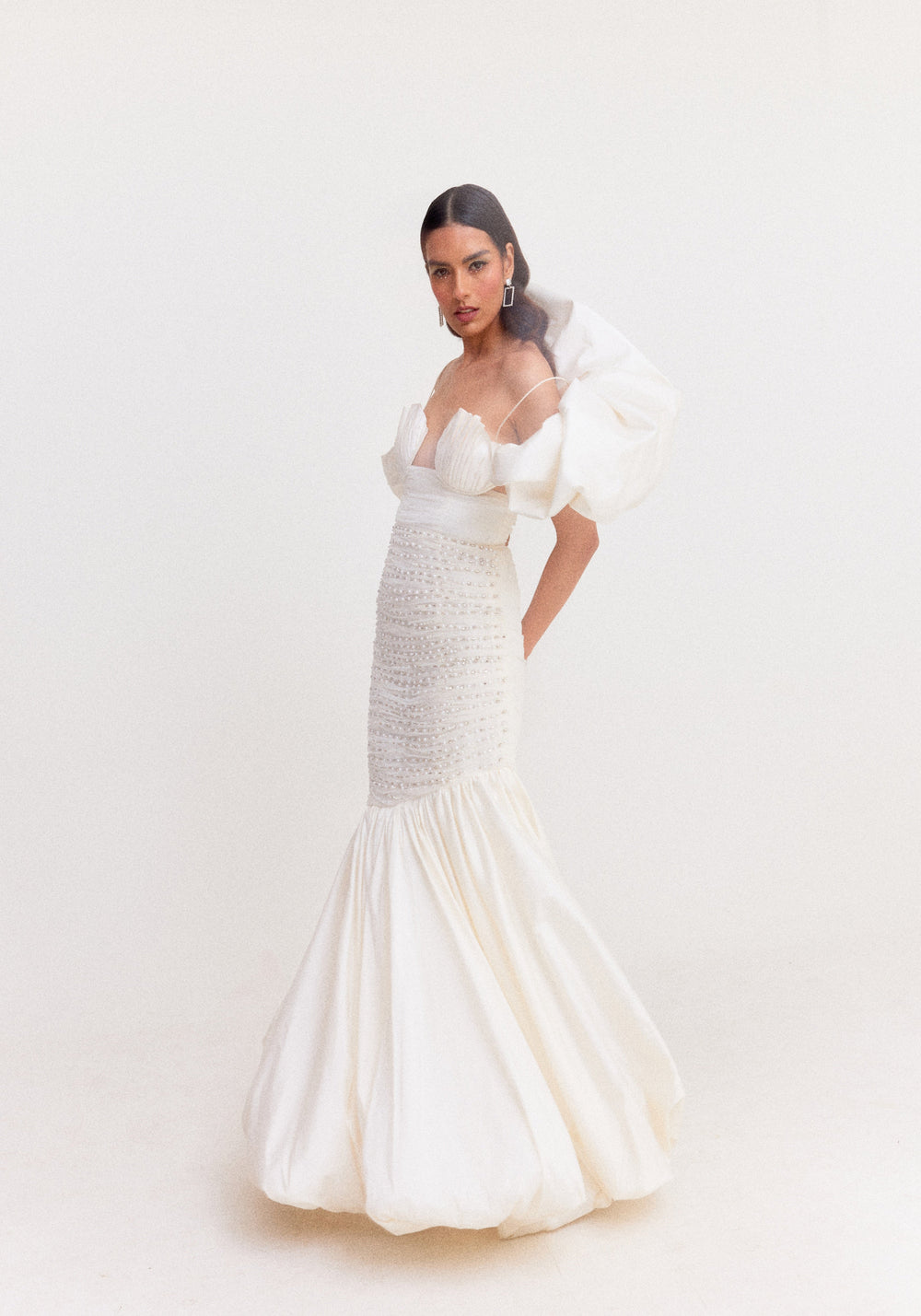White Bubble Hem Mermaid Gown with Shoulder Drape