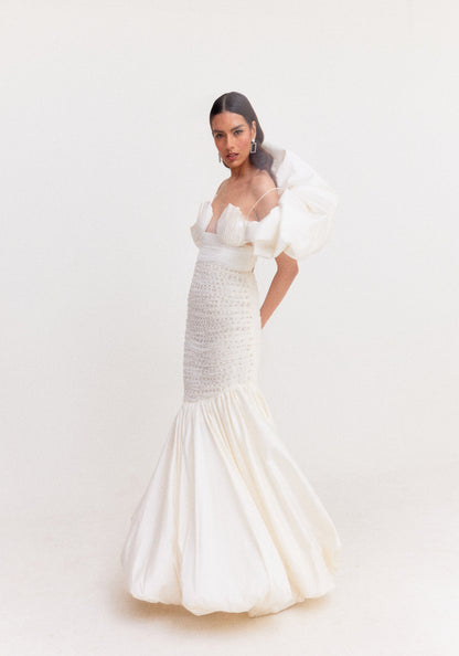 White Bubble Hem Mermaid Gown with Shoulder Drape