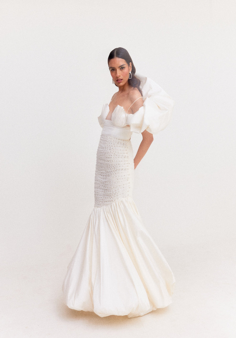White Bubble Hem Mermaid Gown with Shoulder Drape