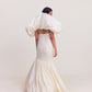 White Bubble Hem Mermaid Gown with Shoulder Drape