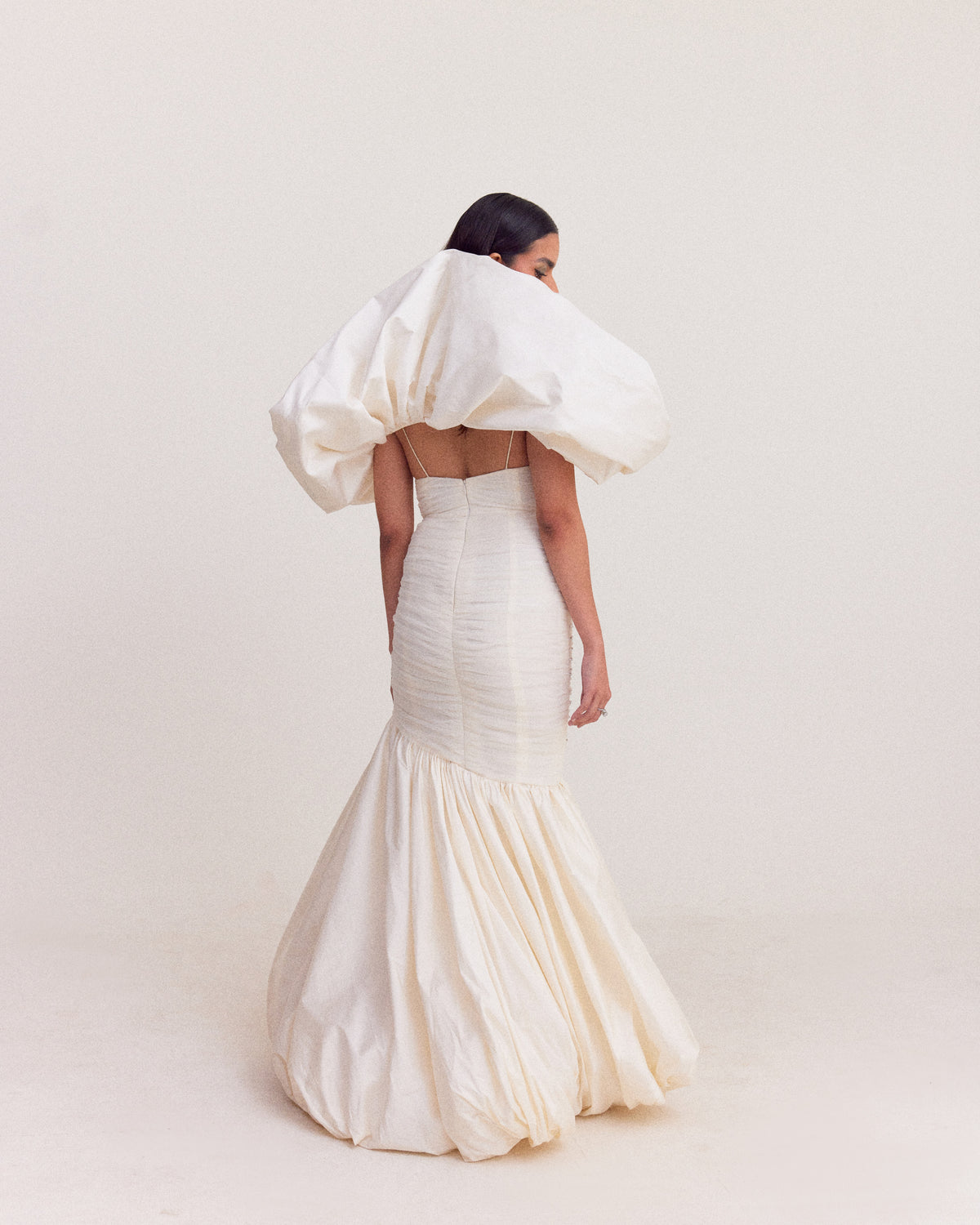 White Bubble Hem Mermaid Gown with Shoulder Drape
