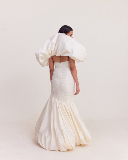 White Bubble Hem Mermaid Gown with Shoulder Drape