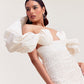 White Bubble Hem Mermaid Gown with Shoulder Drape
