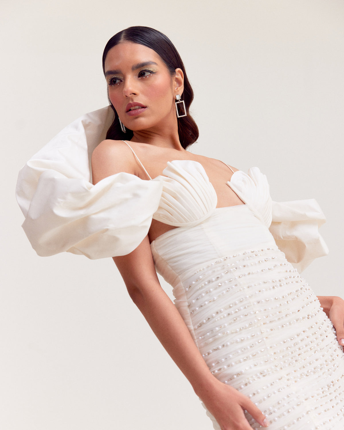 White Bubble Hem Mermaid Gown with Shoulder Drape