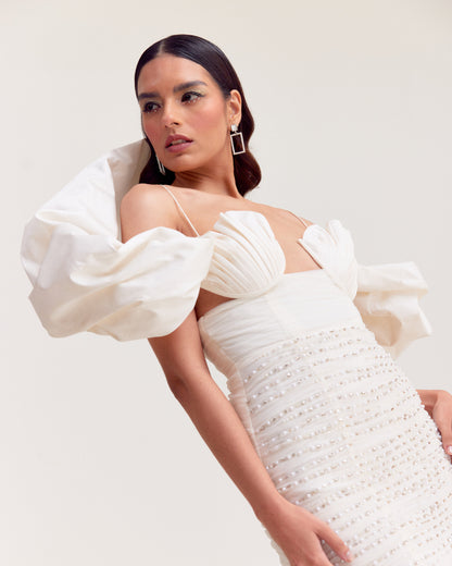 White Bubble Hem Mermaid Gown with Shoulder Drape