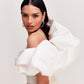 White Bubble Hem Mermaid Gown with Shoulder Drape