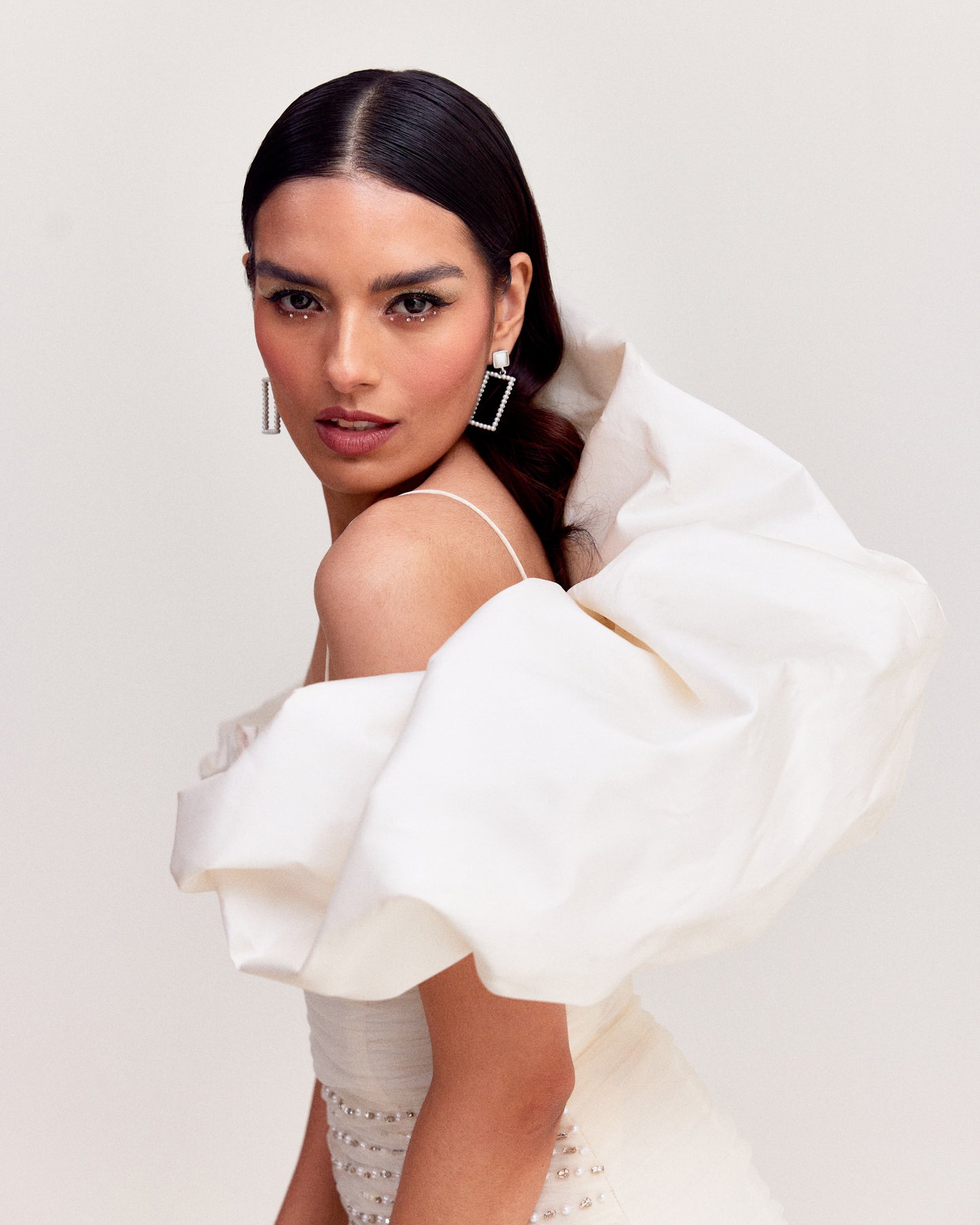 White Bubble Hem Mermaid Gown with Shoulder Drape