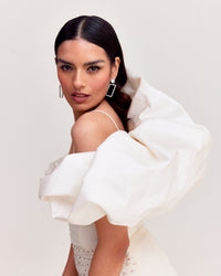 White Bubble Hem Mermaid Gown with Shoulder Drape