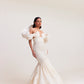 White Bubble Hem Mermaid Gown with Shoulder Drape