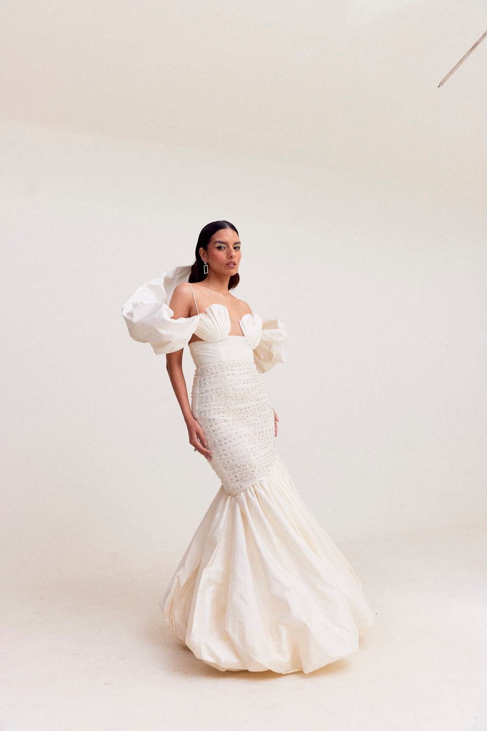 White Bubble Hem Mermaid Gown with Shoulder Drape