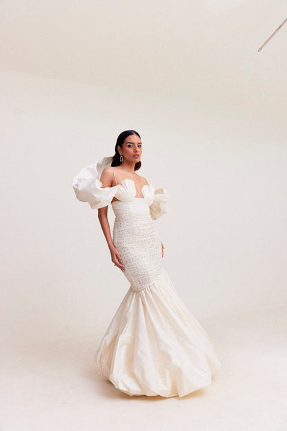 White Bubble Hem Mermaid Gown with Shoulder Drape