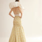 White and Gold High-Low Gown with Embroidered Bodice and Draped Shoulders