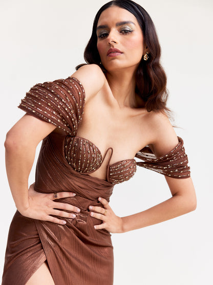 Copper Shimmer Bustier Dress with Organza Drapes