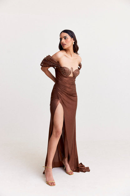 Copper Shimmer Bustier Dress with Organza Drapes