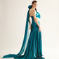 Teal Metallic Cut-Out Gown with Draped Organza