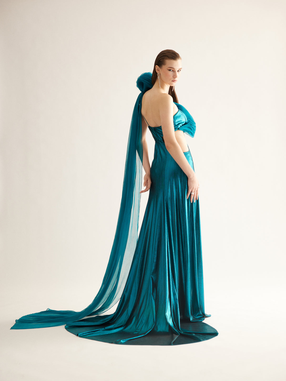 Teal Metallic Cut-Out Gown with Draped Organza