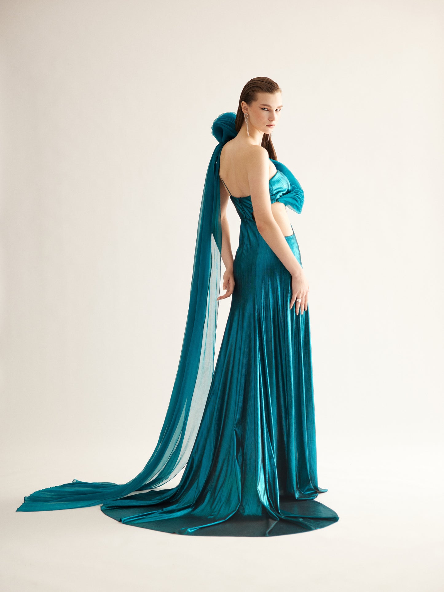 Teal Metallic Cut-Out Gown with Draped Organza