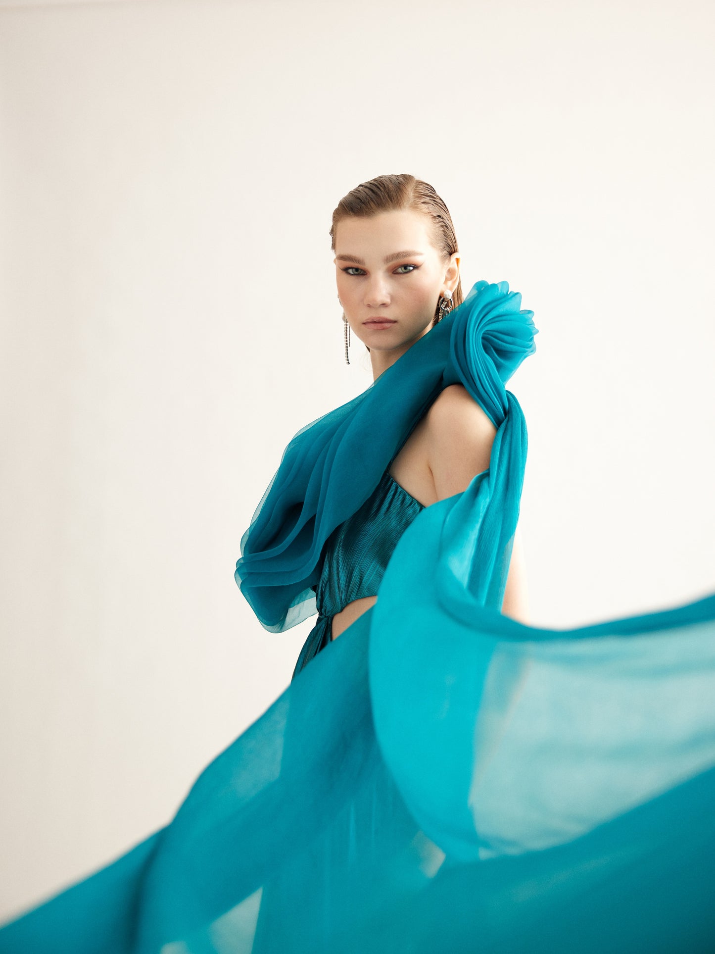Teal Metallic Cut-Out Gown with Draped Organza