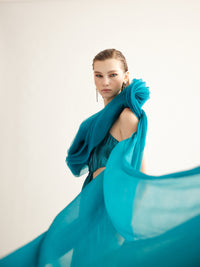 Teal Metallic Cut-Out Gown with Draped Organza