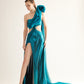 Teal Metallic Cut-Out Gown with Draped Organza