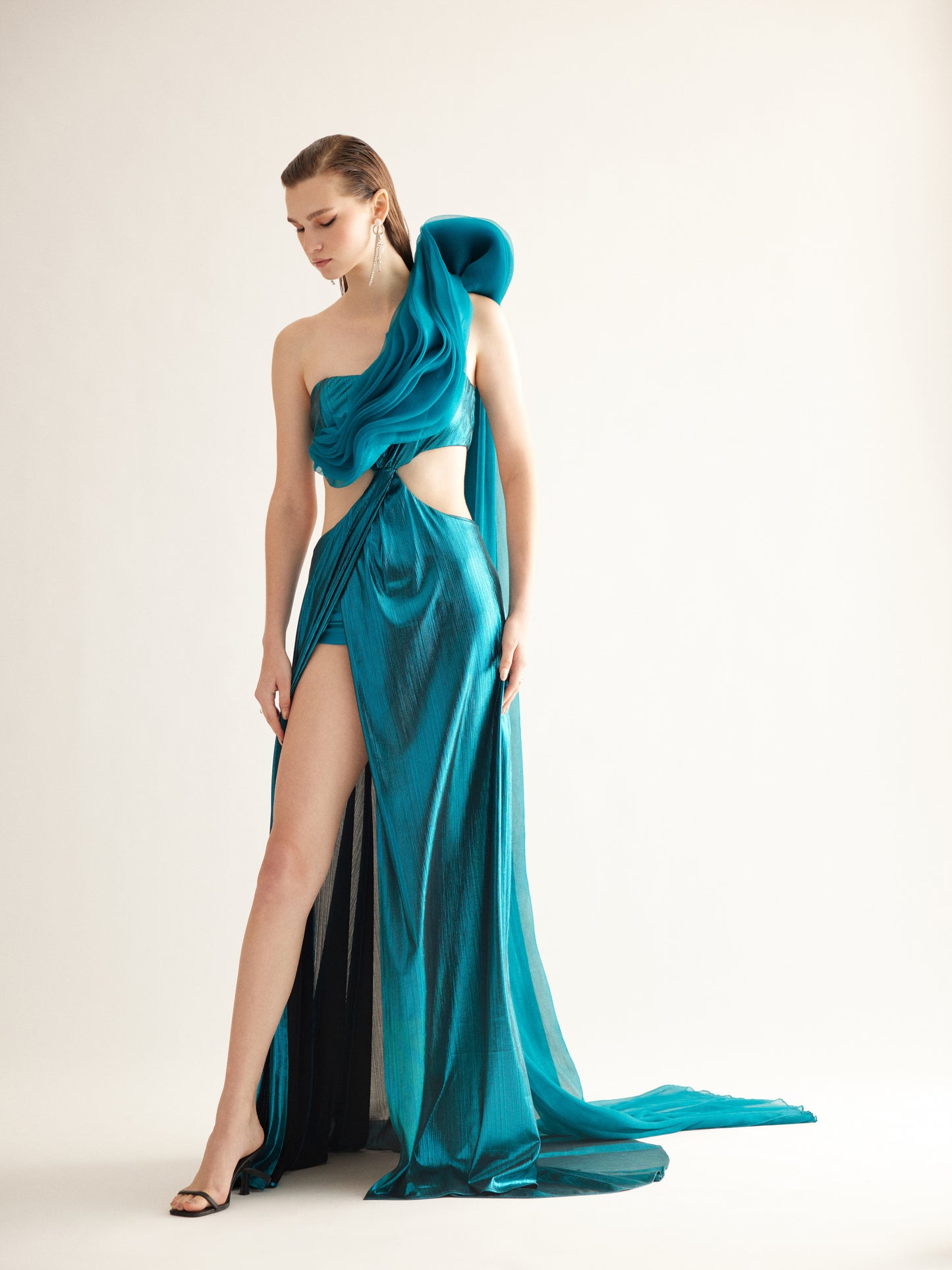 Teal Metallic Cut-Out Gown with Draped Organza