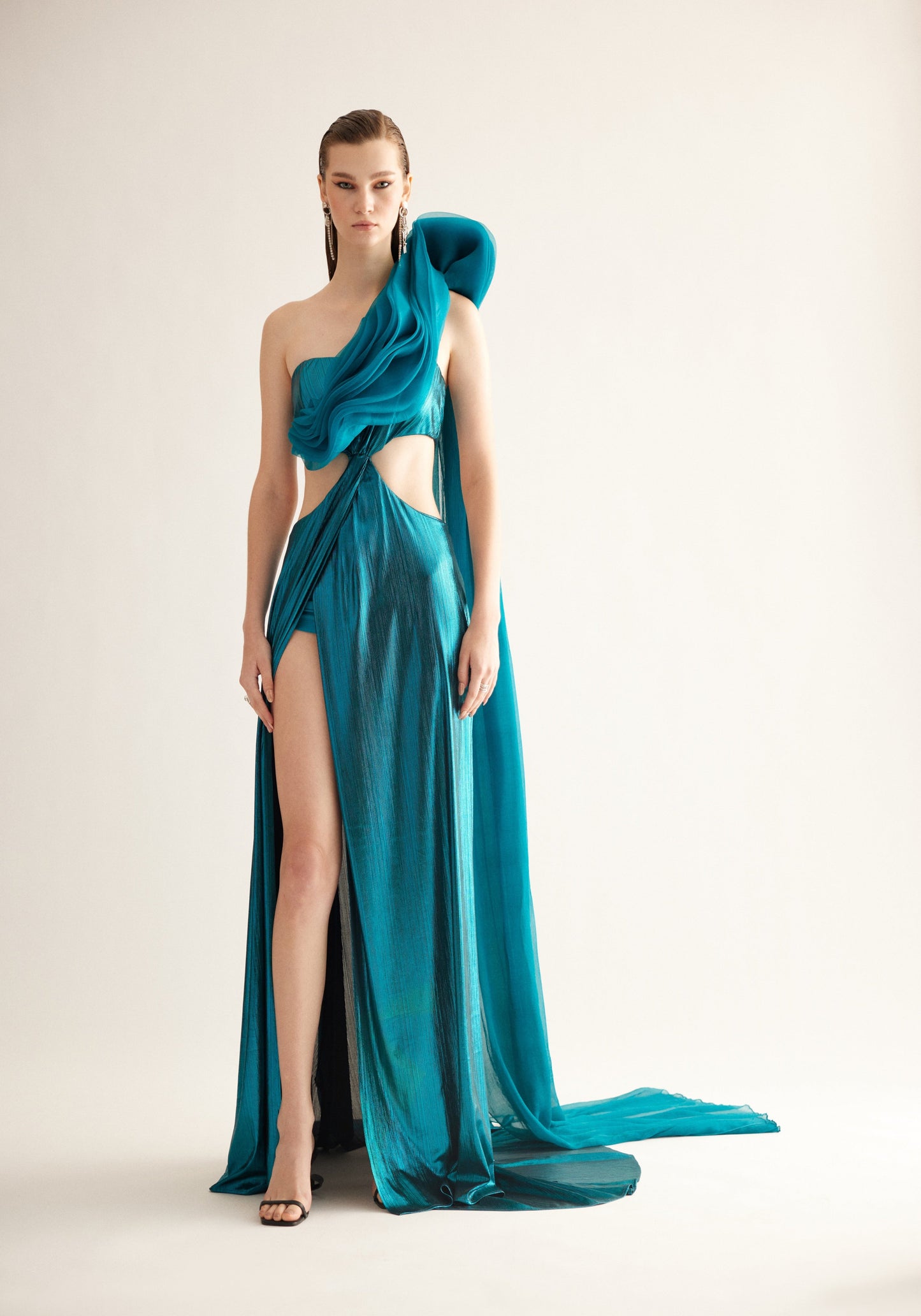 Teal Metallic Cut-Out Gown with Draped Organza