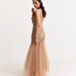 Beige Embroidered Tulle Gown with Ruffle Neckline