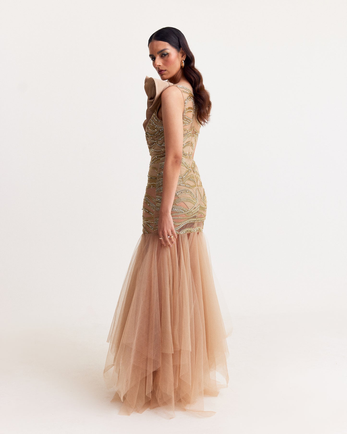 Beige Embroidered Tulle Gown with Ruffle Neckline