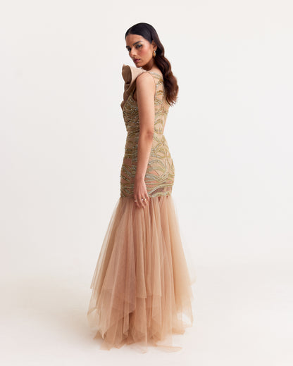 Beige Embroidered Tulle Gown with Ruffle Neckline