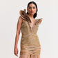 Beige Embroidered Tulle Gown with Ruffle Neckline
