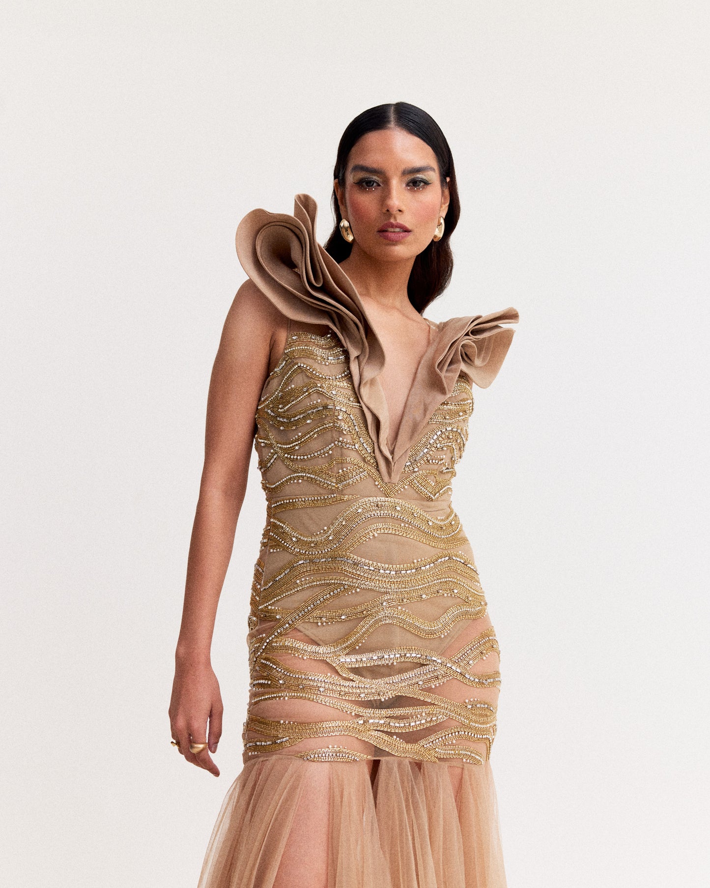 Beige Embroidered Tulle Gown with Ruffle Neckline