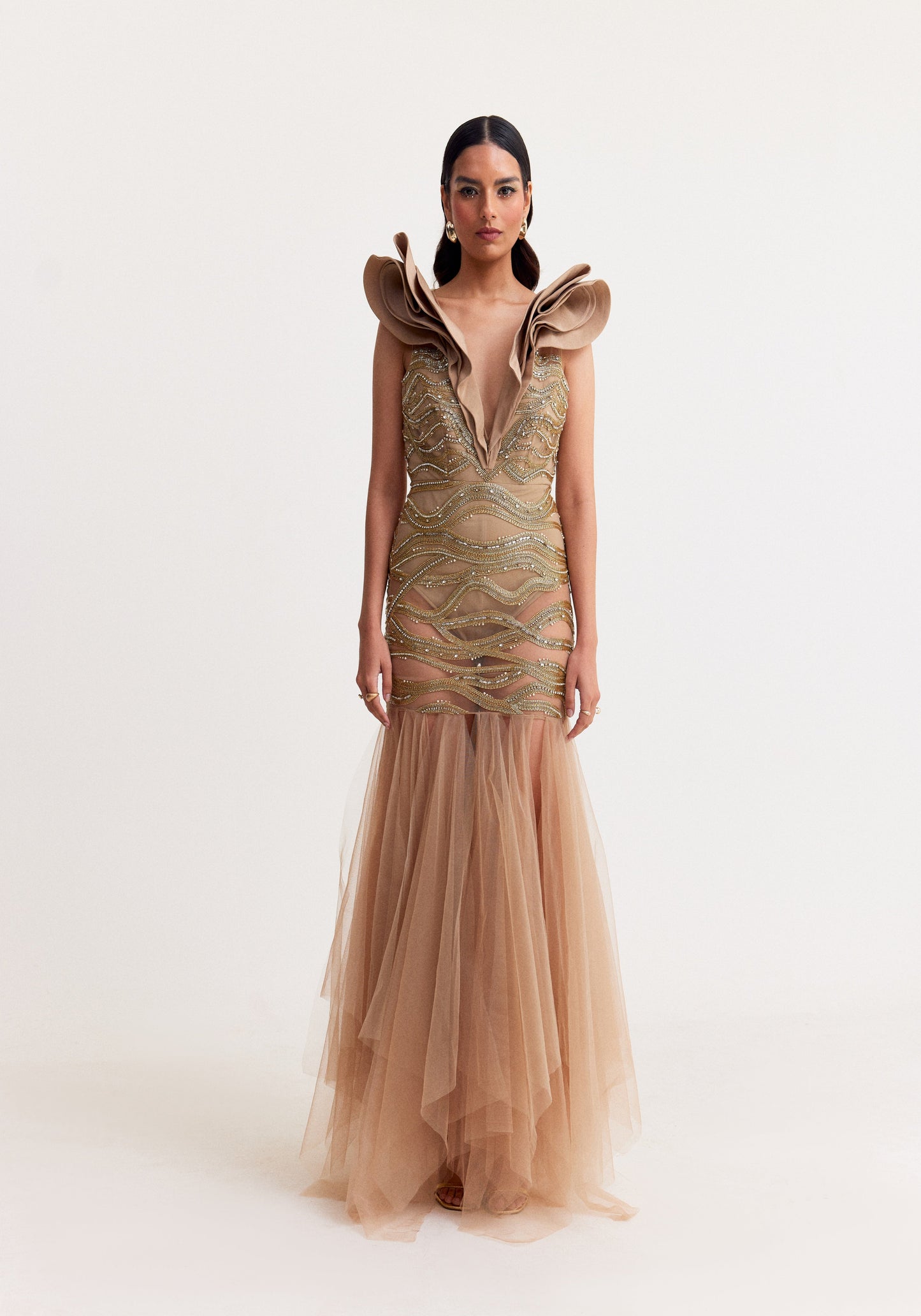 Beige Embroidered Tulle Gown with Ruffle Neckline