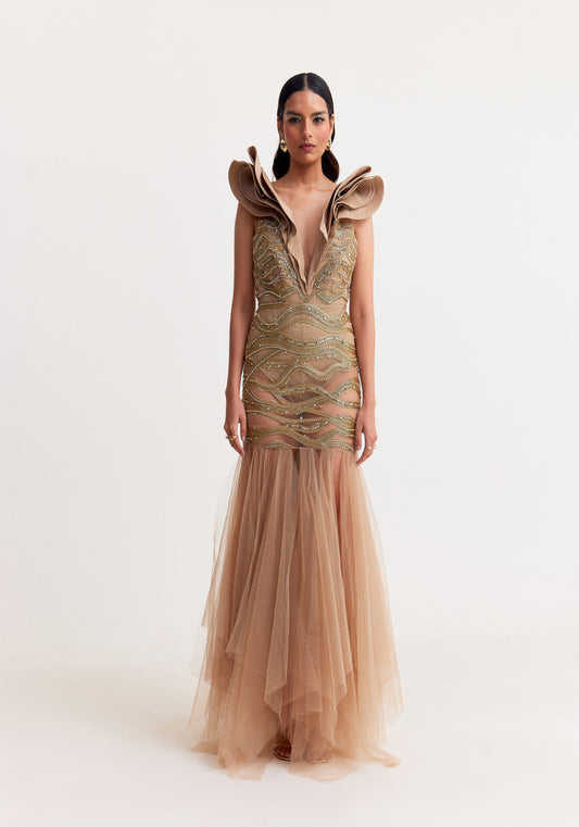Beige Embroidered Tulle Gown with Ruffle Neckline