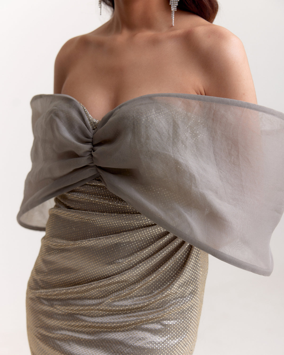 Sage Grey Studded Midi Dress with Organza Bow – Off Shoulder