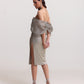 Sage Grey Studded Midi Dress with Organza Bow – Off Shoulder