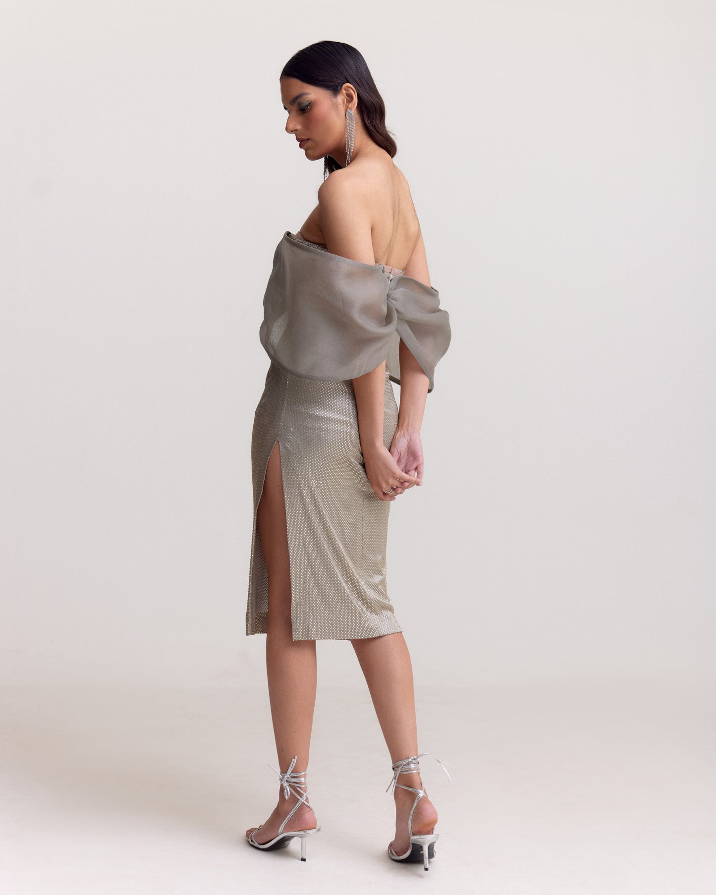 Sage Grey Studded Midi Dress with Organza Bow – Off Shoulder