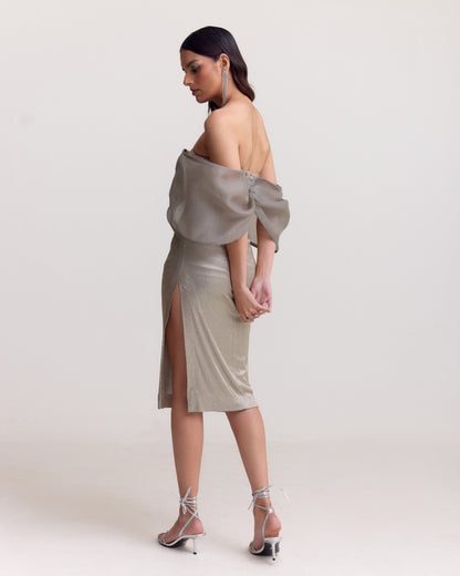 Sage Grey Studded Midi Dress with Organza Bow – Off Shoulder