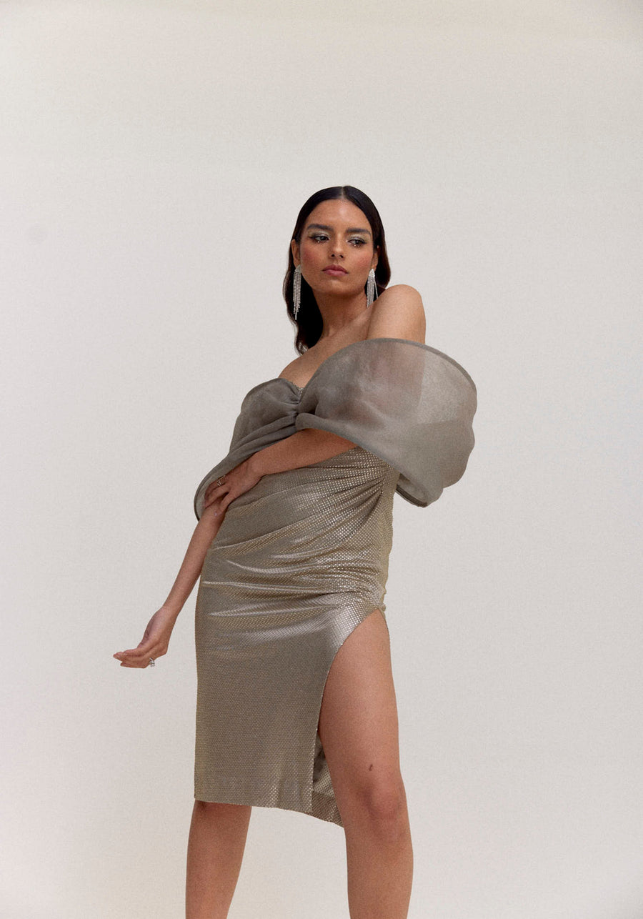 Sage Grey Studded Midi Dress with Organza Bow – Off Shoulder