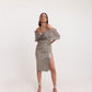 Sage Grey Studded Midi Dress with Organza Bow – Off Shoulder