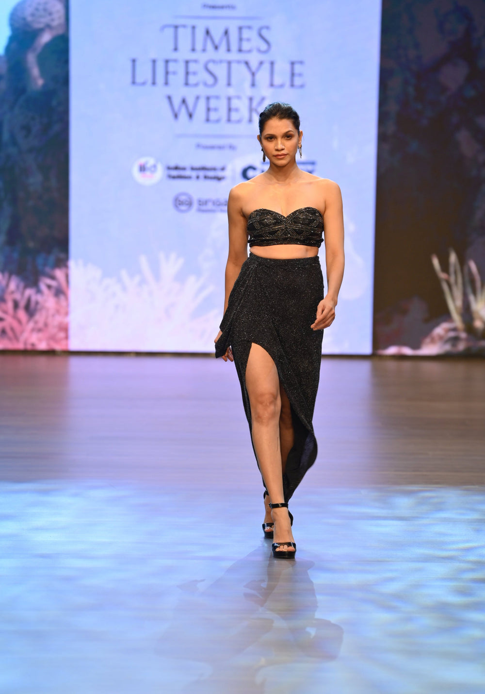 Black Embroidered Corset with Draped Shimmer Skirt – Tube Top Set