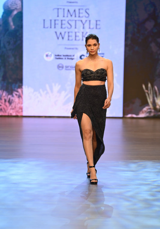 Black Embroidered Corset with Draped Shimmer Skirt – Tube Top Set