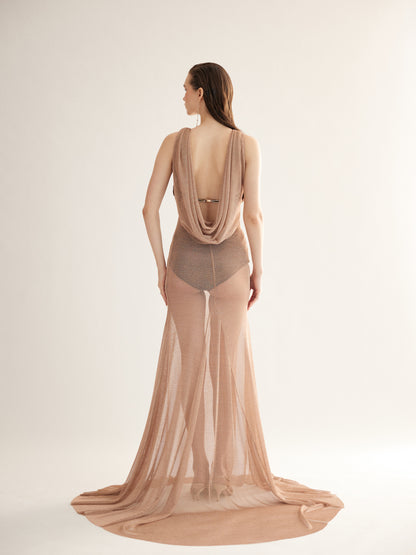 Bronze Gold Mesh Long Dress with Cowl Back – 3-Piece Set