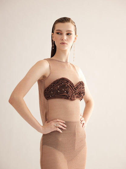 Bronze Gold Mesh Long Dress with Cowl Back – 3-Piece Set