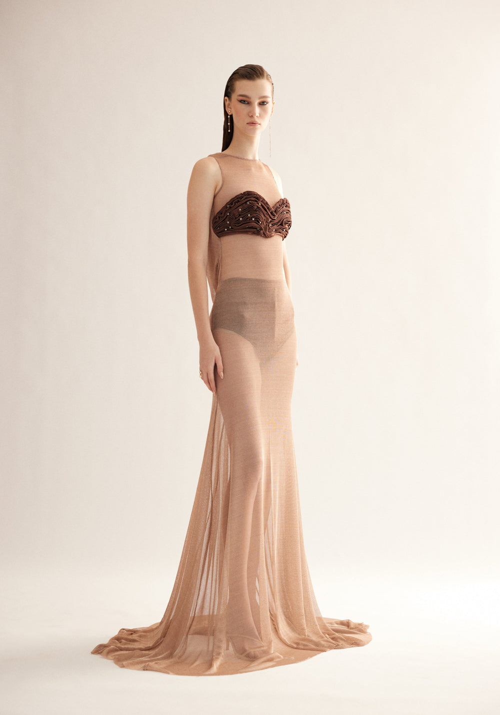 Bronze Gold Mesh Long Dress with Cowl Back – 3-Piece Set