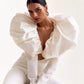 Eggshell White Pant Suit with Plunge Neck and Draped