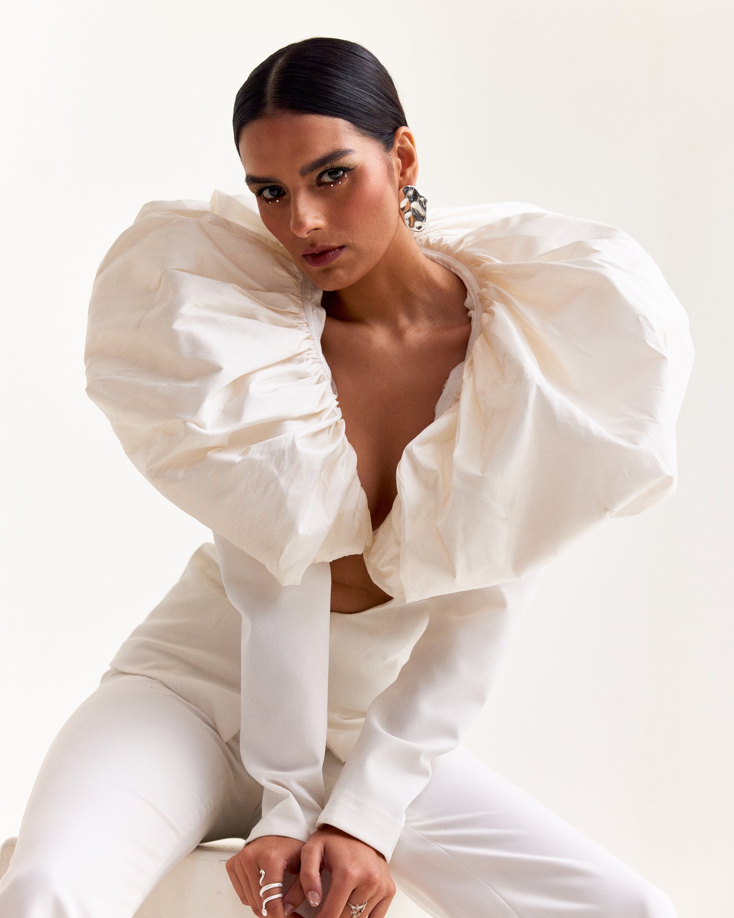 Eggshell White Pant Suit with Plunge Neck and Draped