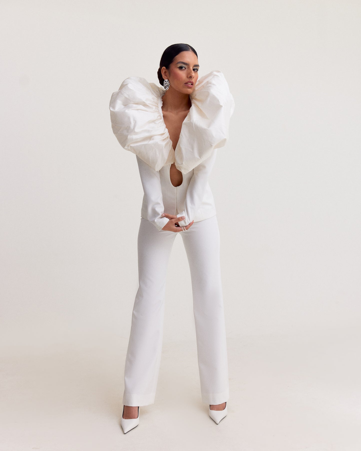 Eggshell White Pant Suit with Plunge Neck and Draped